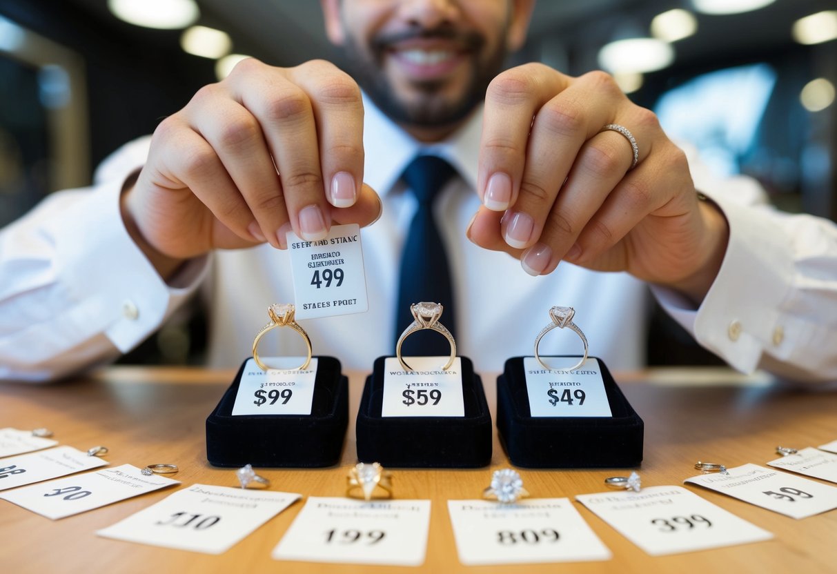 A jeweler presenting a selection of engagement rings, with a range of prices displayed on tags or labels