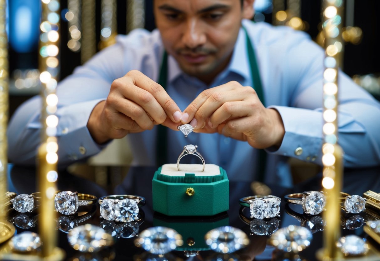 A jeweler carefully examines and measures a delicate diamond ring, surrounded by a display of sparkling gemstones and precious metals
