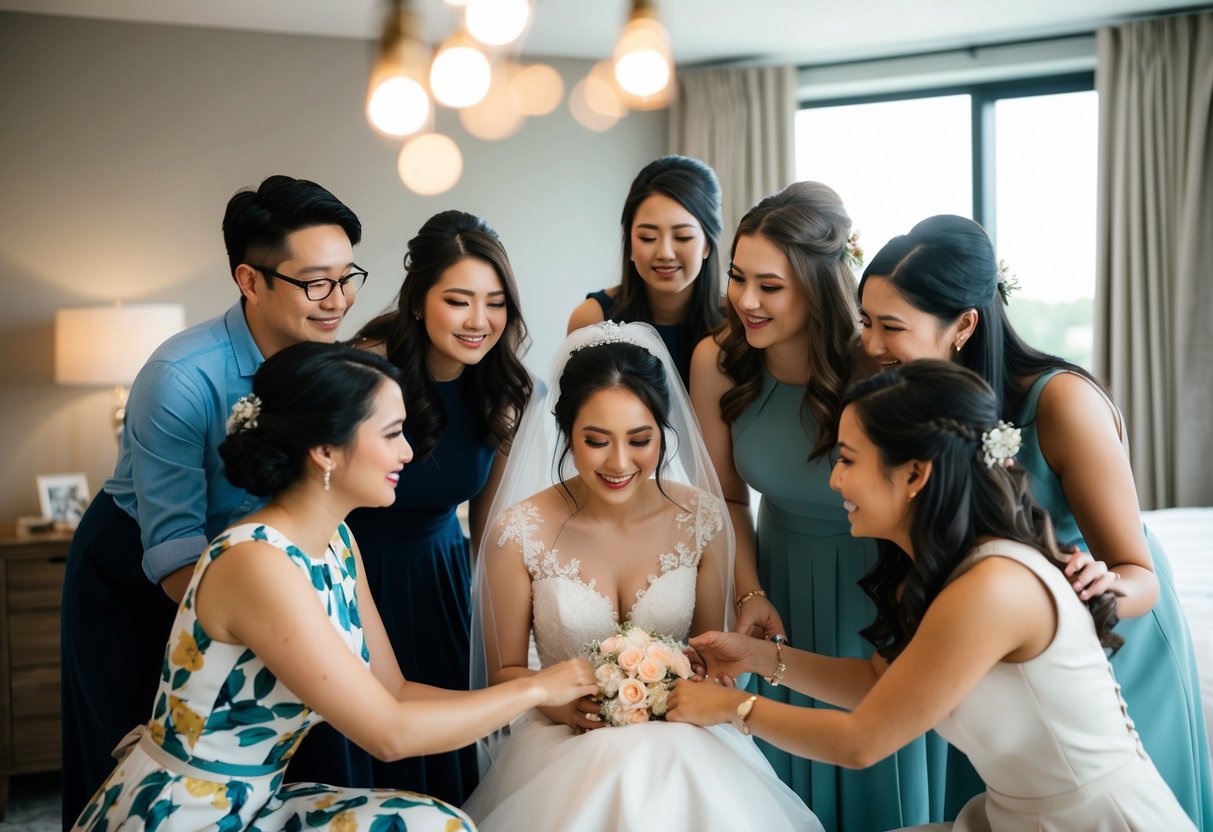 A group of friends surround the bride, offering support and assistance with pre-wedding activities