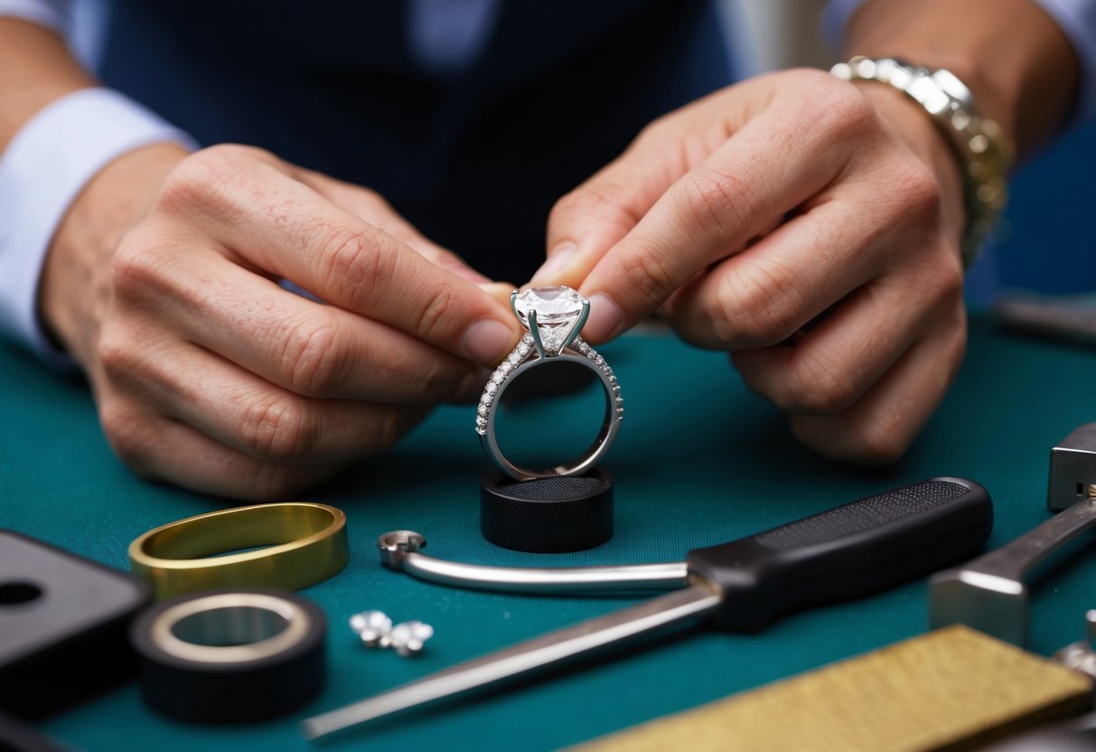 A jeweler carefully examines a diamond ring, surrounded by tools and materials for upgrading the setting and band