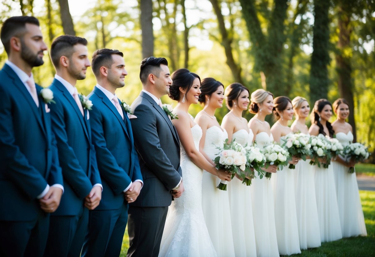 Bridal party attire arranged in a row, with the closest figure to the bride wearing a distinctive dress or suit