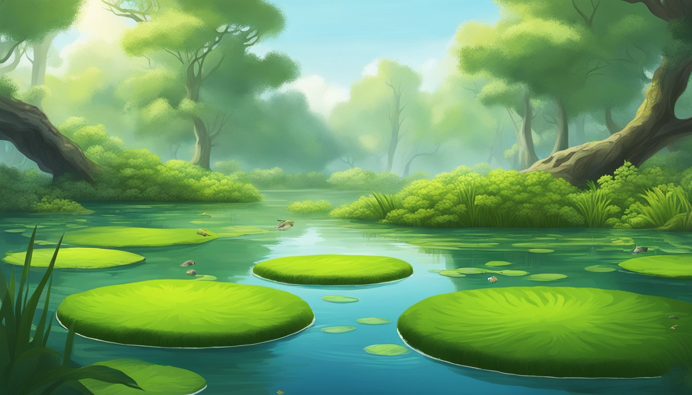 A serene pond with vibrant green duckweed covering the surface, surrounded by lush vegetation and teeming with small aquatic creatures