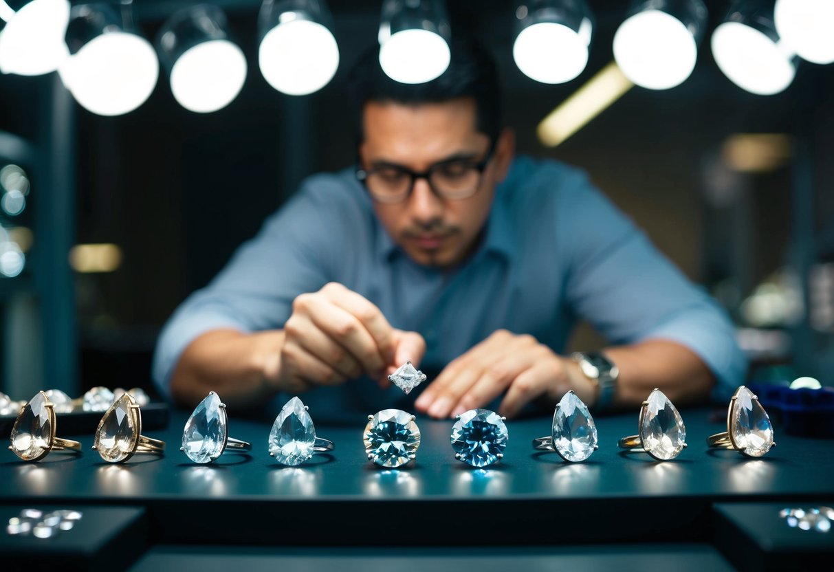 A jeweler carefully inspects a collection of sparkling gemstones under bright lights, searching for the perfect one to upgrade a wedding ring