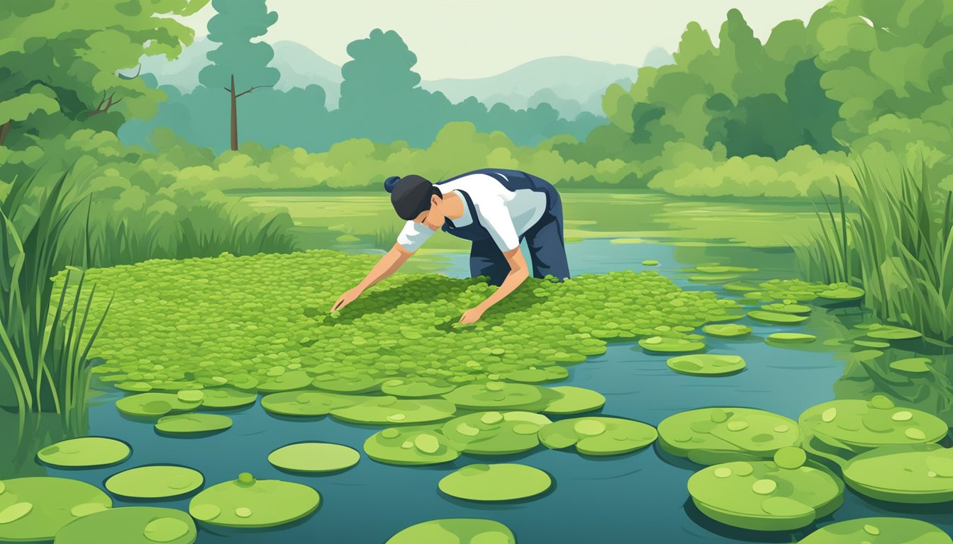 A person picking fresh duckweed from a clean, natural pond for consumption