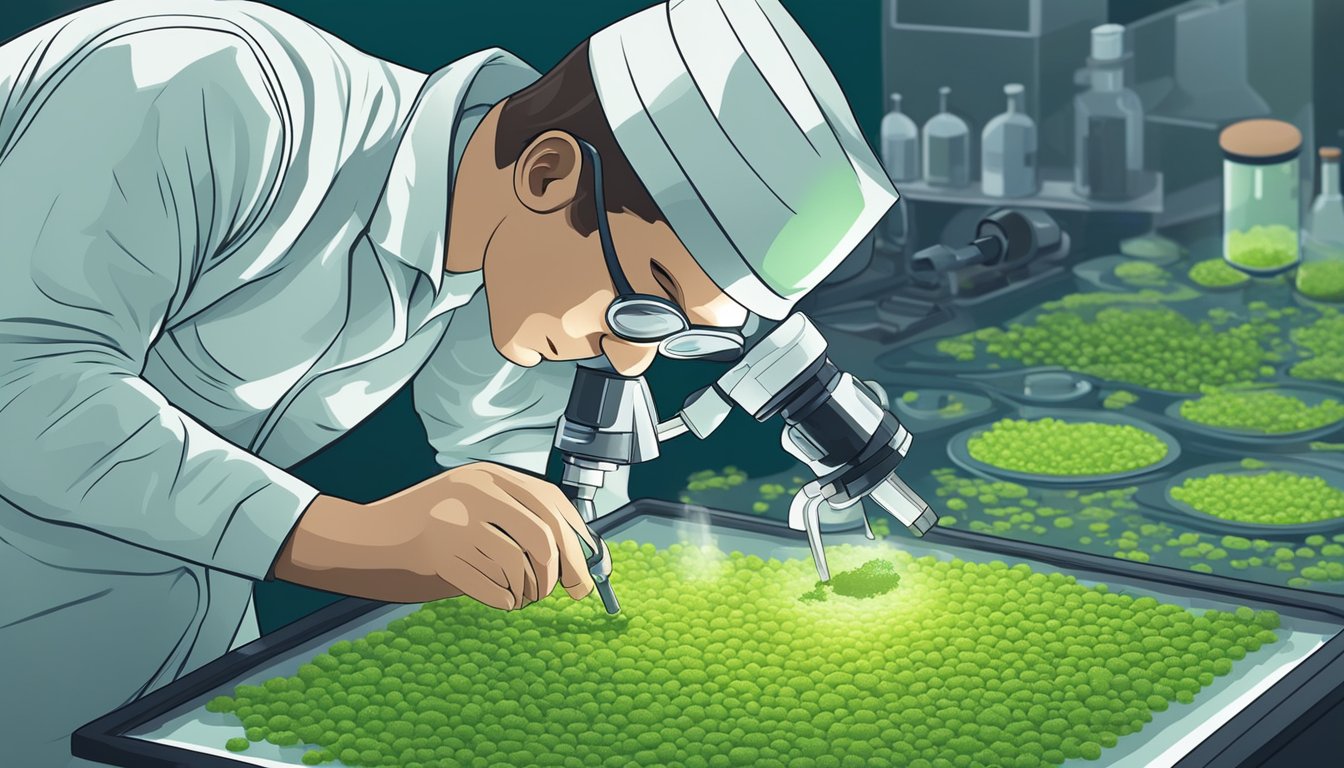 A scientist examines duckweed under a microscope, checking for signs of contamination or toxicity