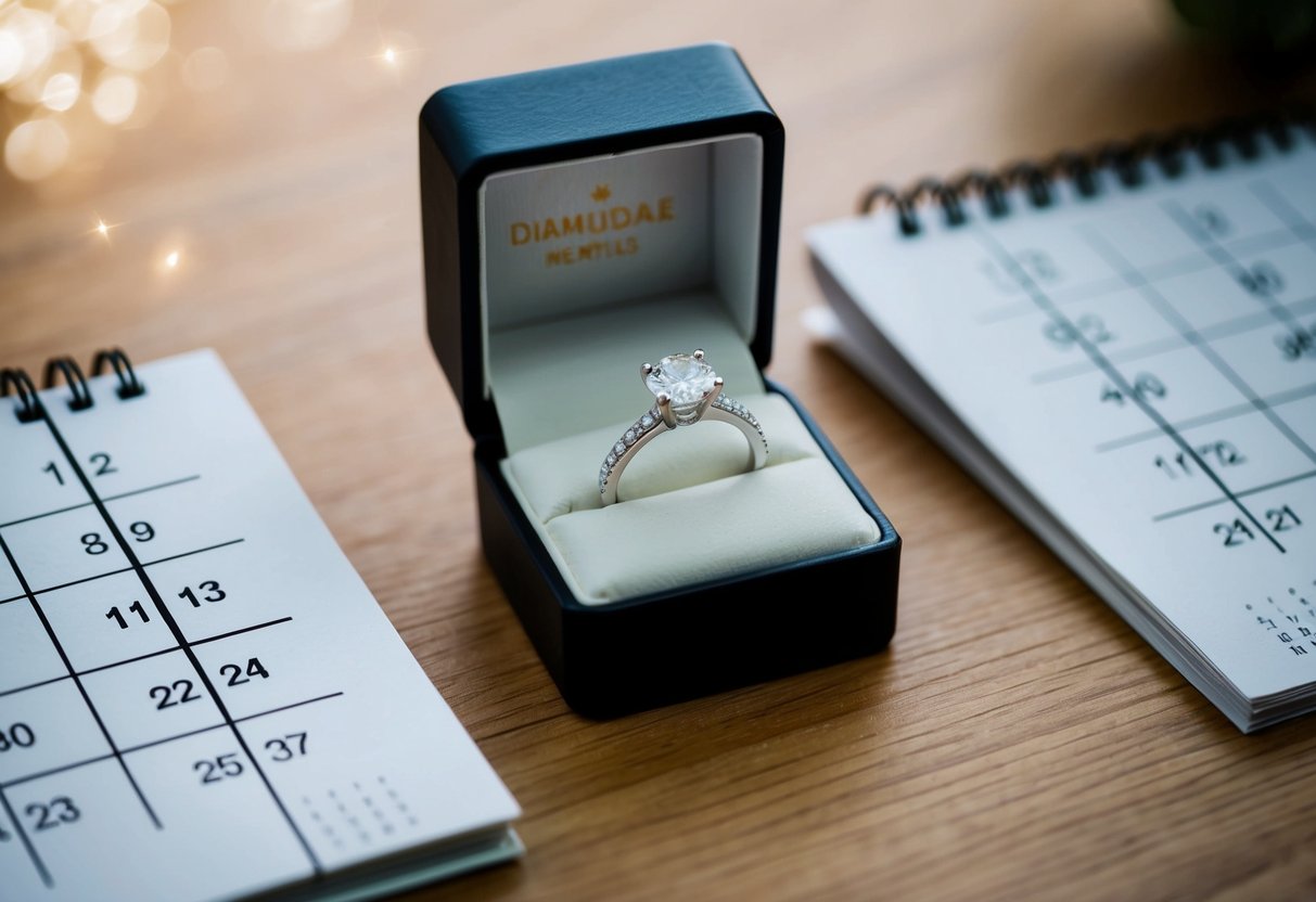 A ring box with a sparkling diamond ring inside, surrounded by a calendar showing three months marked off