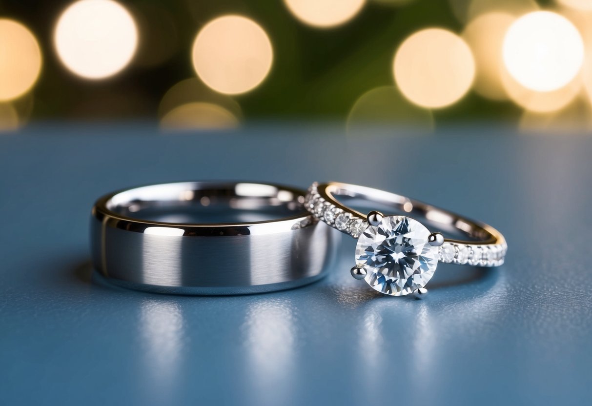 A glittering engagement ring rests beside a matching wedding band on a smooth surface