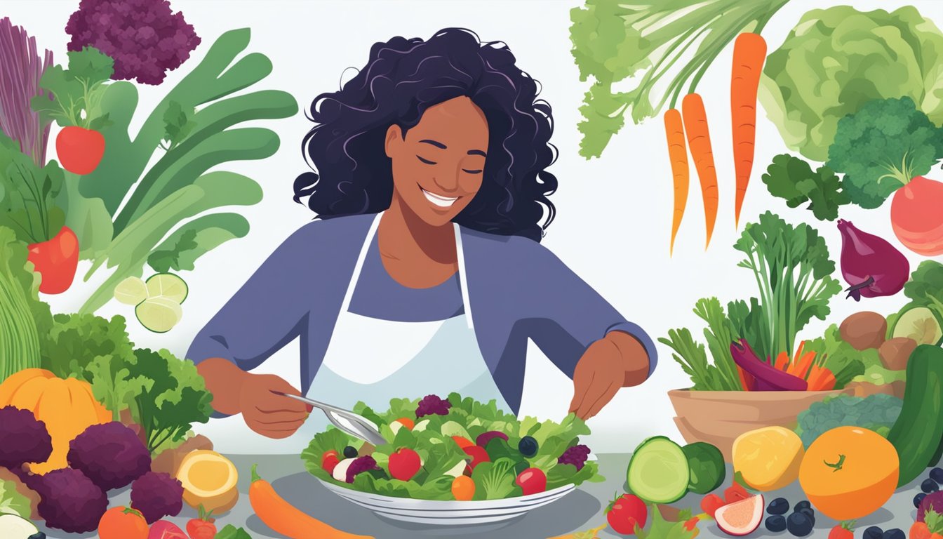 A person happily adding dulse to a vibrant salad, surrounded by fresh vegetables and fruits