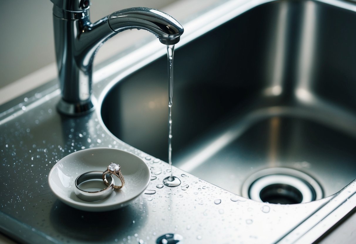 A wedding ring placed on a small dish next to a sink, with droplets of water on the surface
