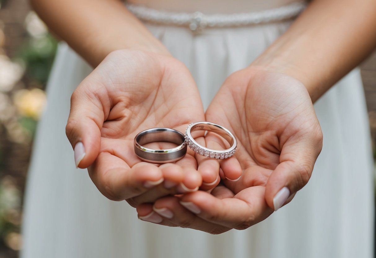 A hand holding an engagement ring and a wedding band, deciding how to wear them together