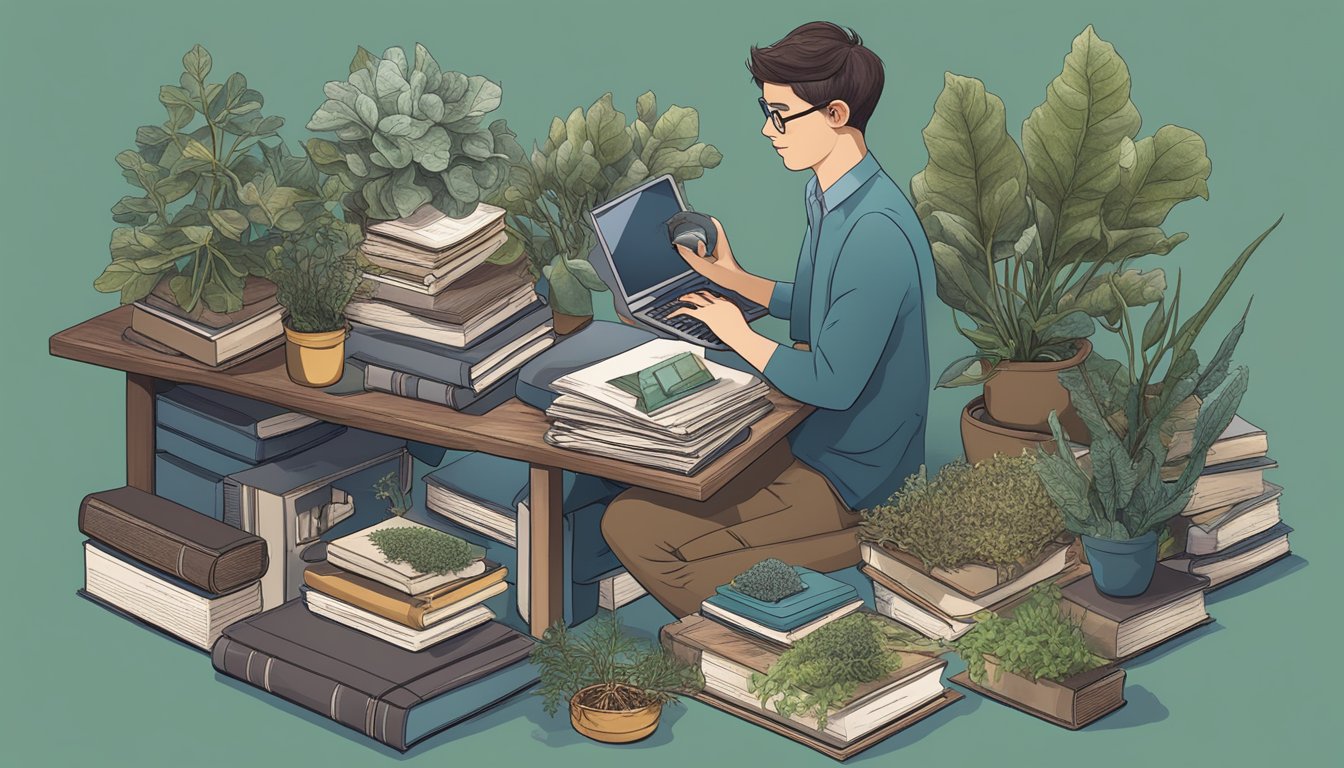 A person researching dulse and its safety, surrounded by books, a computer, and various plant specimens