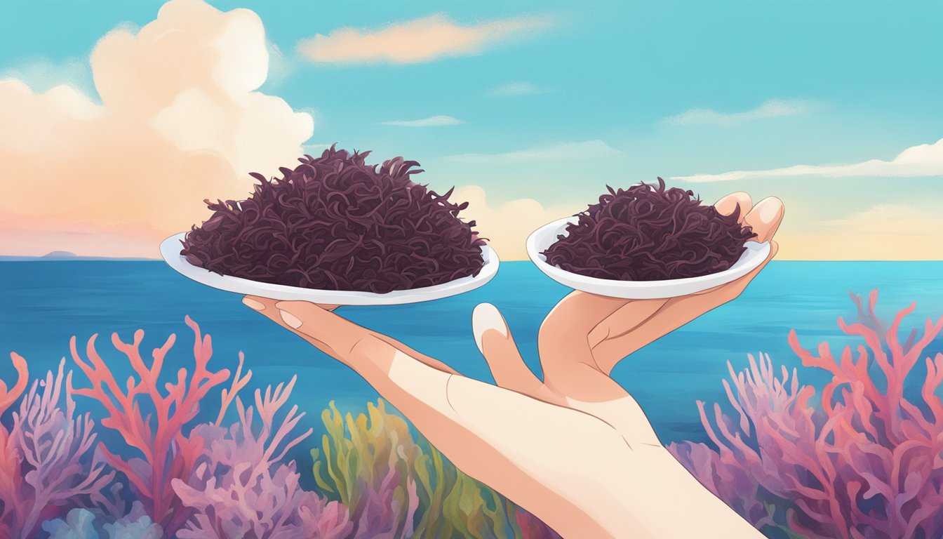 A person holding a piece of dulse seaweed with a serene ocean in the background, surrounded by colorful marine life and a clear blue sky