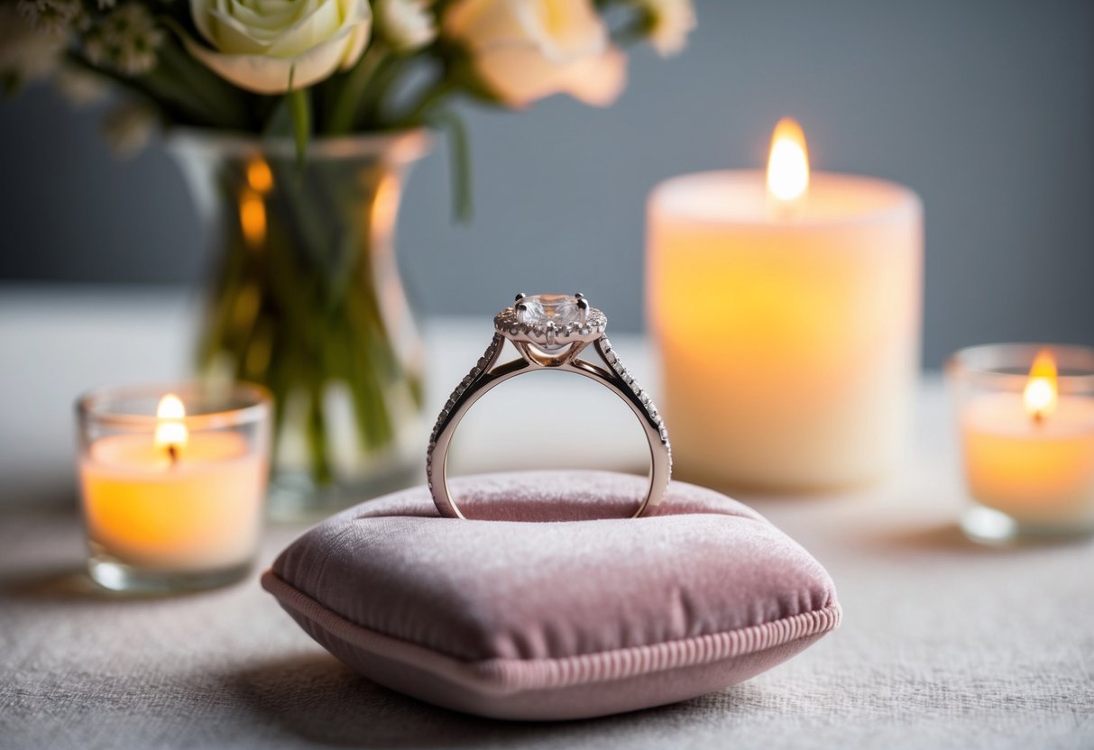 A shimmering wedding ring resting on a delicate velvet cushion, surrounded by soft candlelight and a vase of fresh flowers