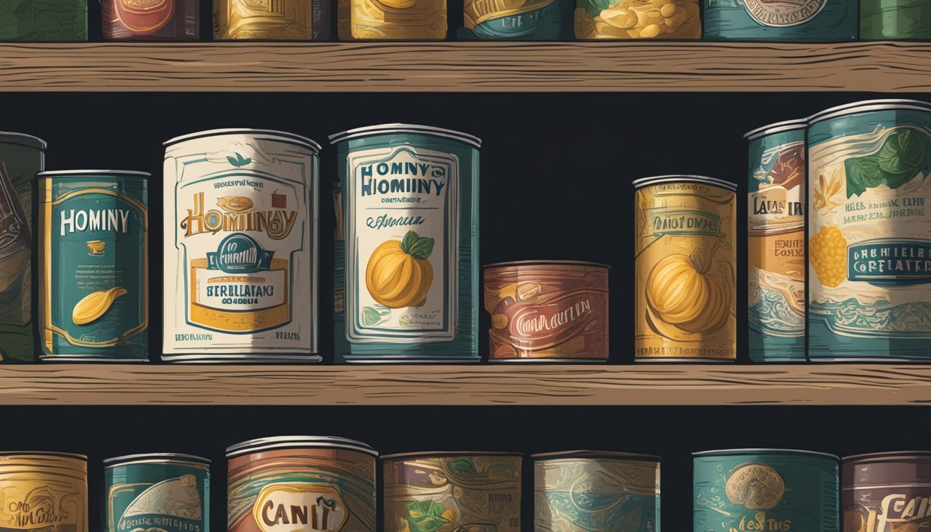 A can of expired hominy sits on a dusty shelf in a dimly lit pantry, surrounded by other forgotten canned goods