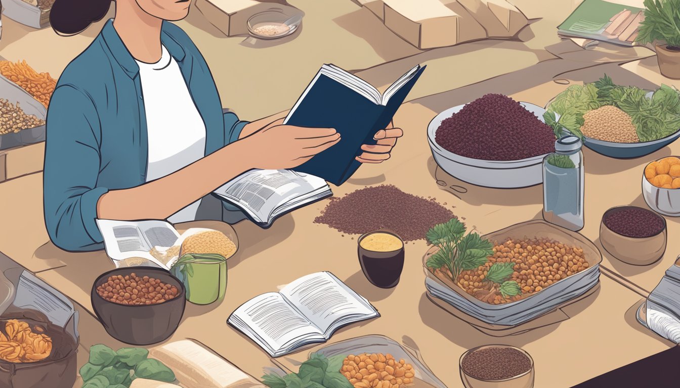 A person holding a piece of dulse and looking at a Consumer Guide book while surrounded by various food items