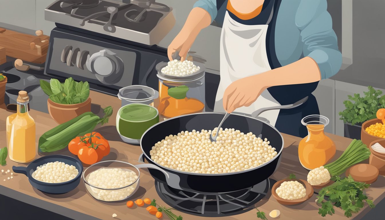 A person cooking hominy in a pot on a stove, surrounded by various ingredients and kitchen utensils