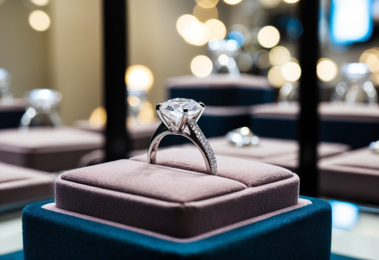 A sparkling diamond ring sits on a plush velvet cushion in a jewelry store display case. The light catches the facets, sending shimmering reflections across the room