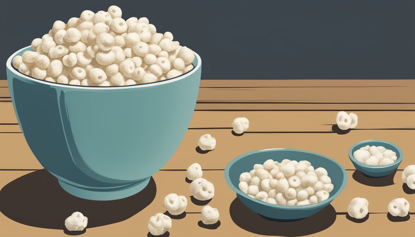 A bowl of expired hominy with visible signs of spoilage, such as mold or discoloration, sitting next to a fresh bowl of hominy