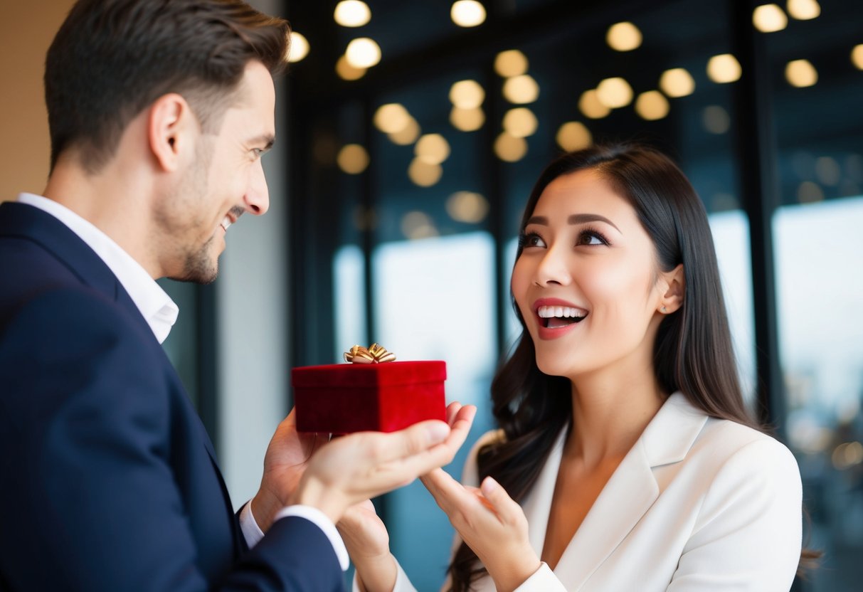 A man presents a small velvet box to a woman, who looks surprised and delighted