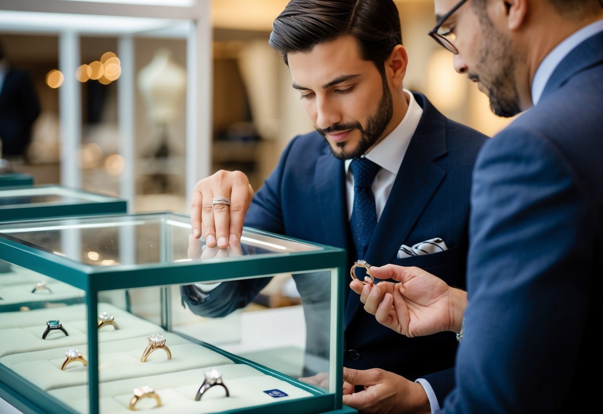A man carefully selects a wedding ring from a display case, while a jeweler assists him with sizing and offers advice
