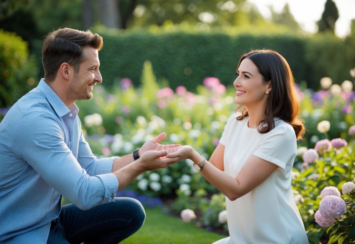 A man kneels in a garden, holding out an empty hand to a woman with a smile. They are surrounded by blooming flowers and a serene atmosphere