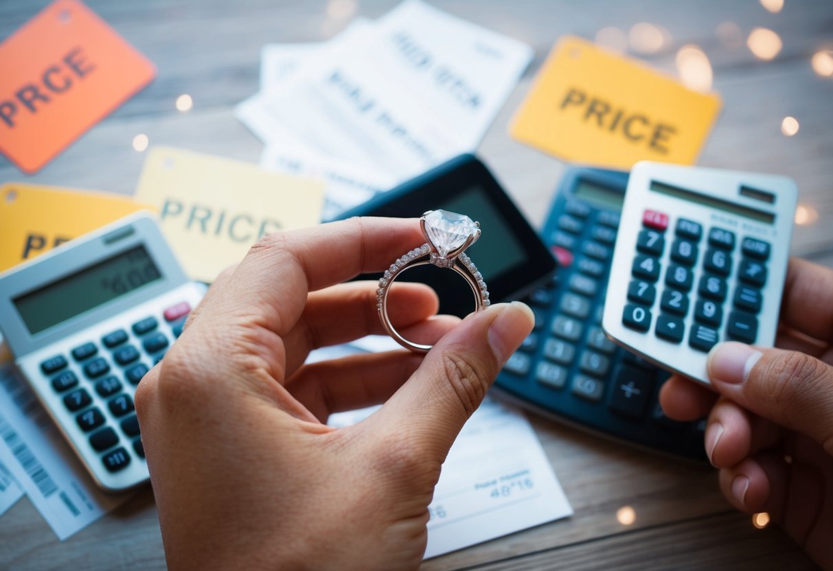 A person holding a diamond ring, surrounded by price tags and calculators