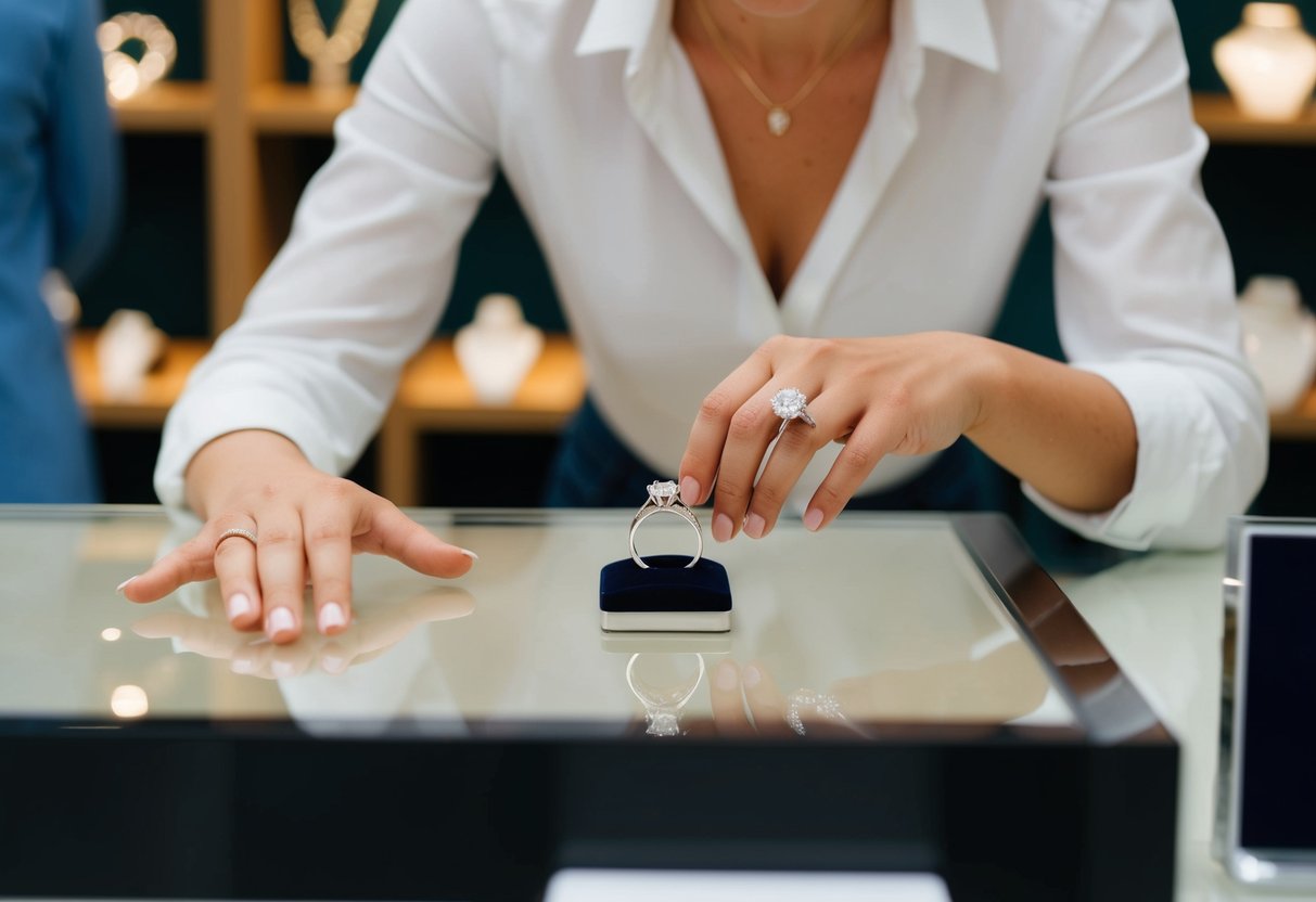 A woman's wedding ring being purchased by a person at a jewelry store counter