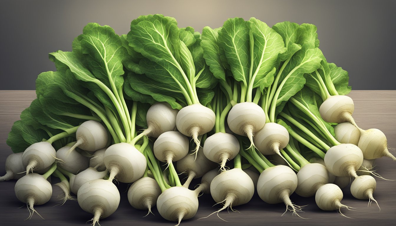 A pile of unripe turnips with a caution sign nearby