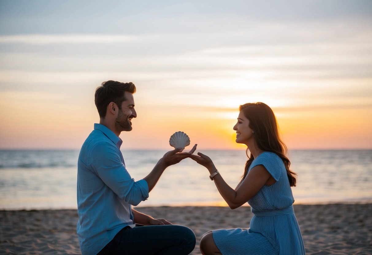 A couple sits on a beach at sunset, the man presenting a seashell to the woman as a symbol of his proposal