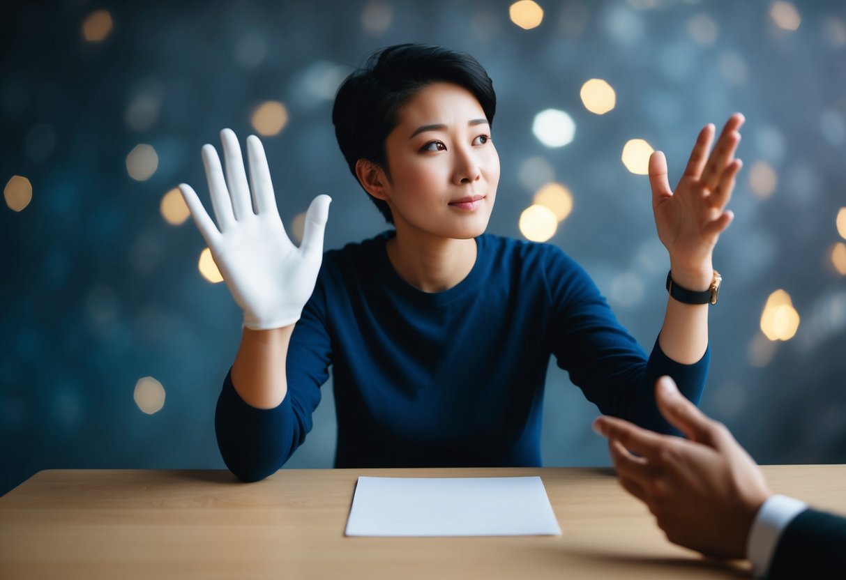 A person holding a blank hand outstretched, with a thoughtful expression on their face, while the other hand gestures as if in conversation
