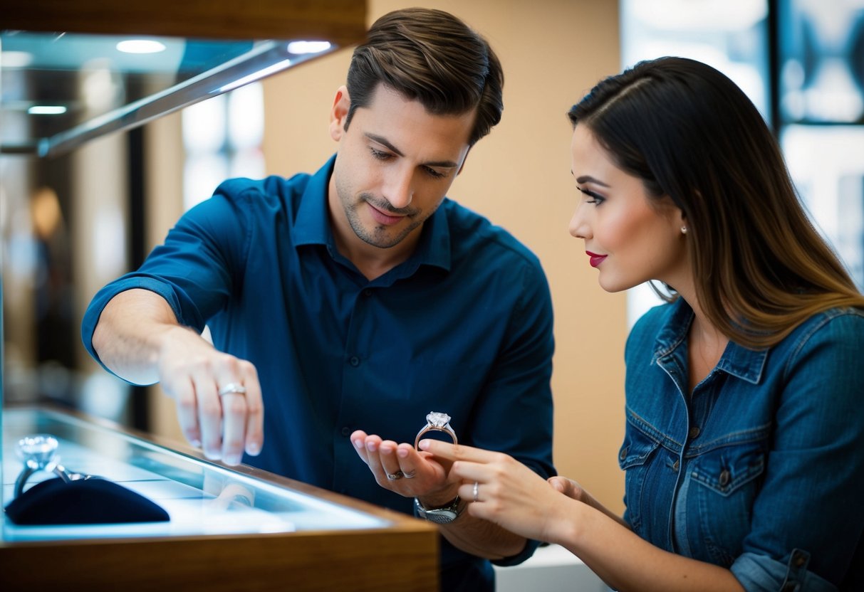 A man carefully selects a delicate diamond ring from a display case, while a woman admires a unique, bold band with intricate details