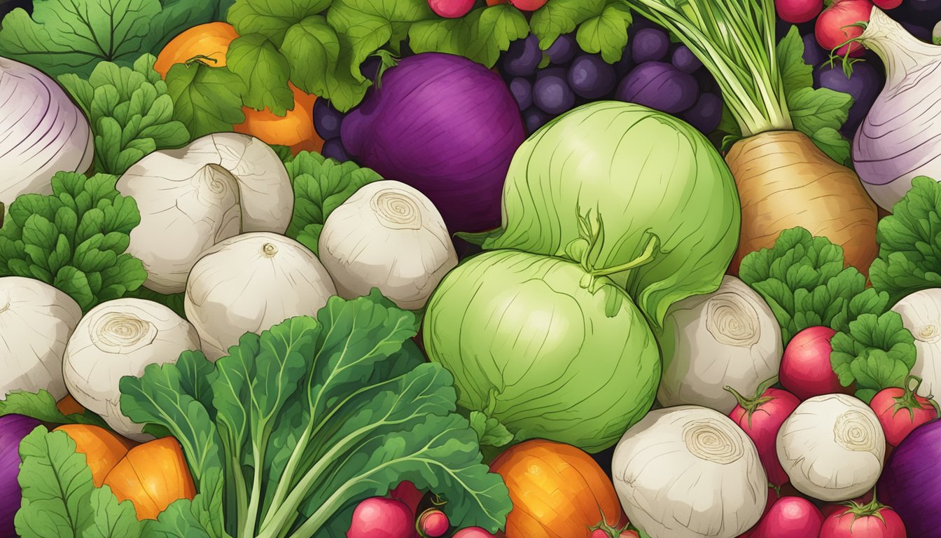 A pile of unripe turnips with leaves attached, surrounded by a variety of fruits and vegetables