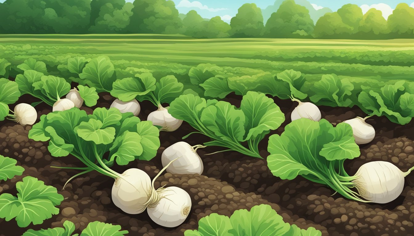 A vibrant turnip patch with lush green leaves and plump, ripe turnips emerging from the soil, showcasing the health benefits of including turnips in the diet