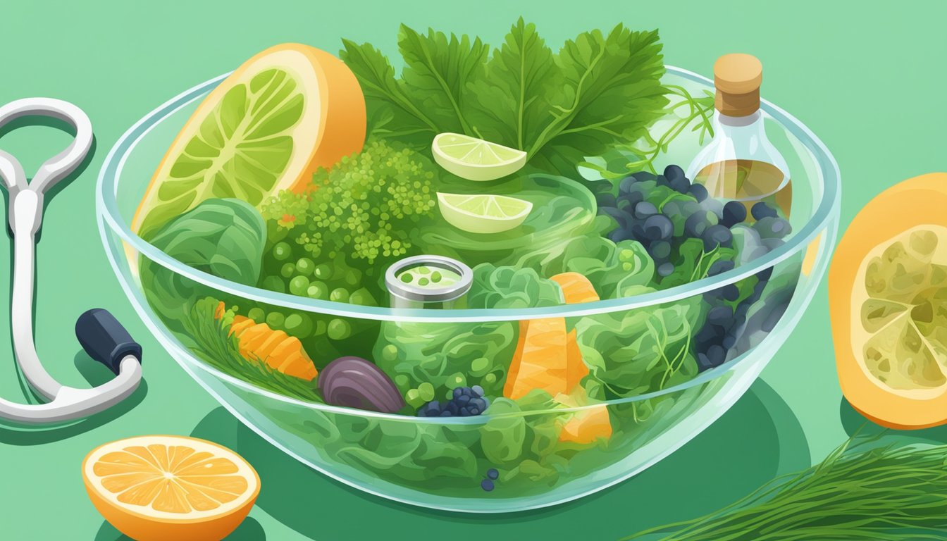 A clear glass bowl filled with vibrant green algae, surrounded by images of healthy foods and a doctor's stethoscope