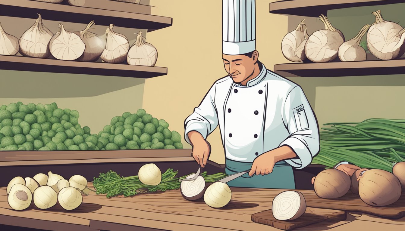 A chef slicing and seasoning turnips for cooking, with a pile of fresh turnips in the background