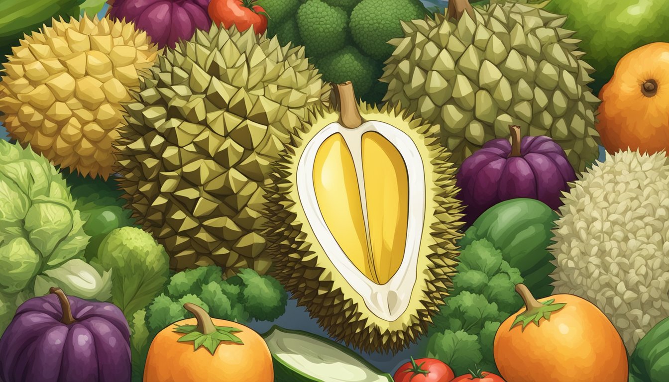 A durian fruit surrounded by a variety of other fruits and vegetables, with a nutrition label and a question mark above it