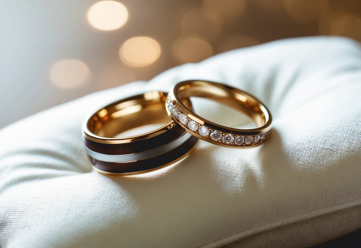 Two wedding bands on a white pillow, one slightly overlapping the other