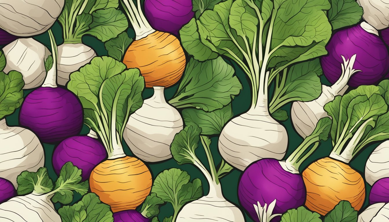 A colorful array of turnips in various shapes and sizes, some with green leafy tops, others with a smooth, round appearance