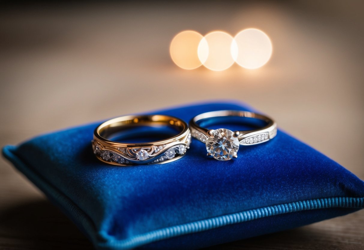 Two wedding bands and an engagement ring placed on a velvet cushion, with soft lighting highlighting their intricate designs