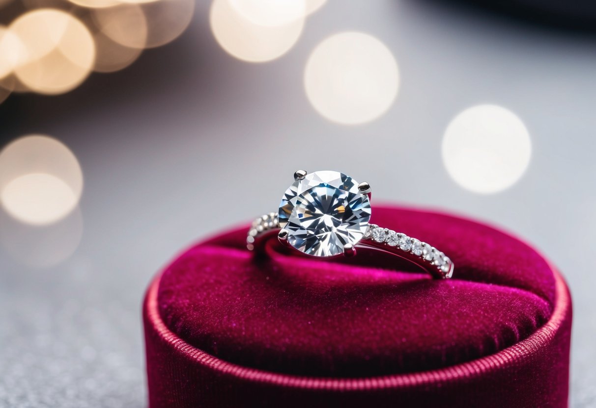 A sparkling diamond ring on a velvet cushion