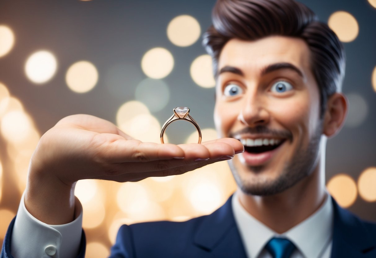 A hand holding out a ring towards a figure, who looks surprised and delighted