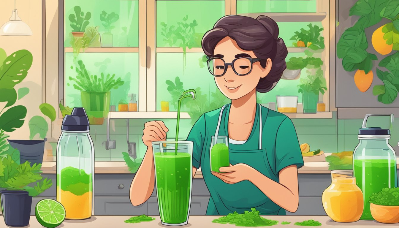 A person carefully rinses and inspects fresh algae before blending it into a smoothie. They sip the vibrant green drink with a satisfied expression