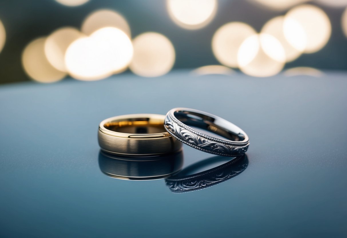 Two wedding bands, one with a simple design and the other with intricate detailing, placed on a smooth, reflective surface
