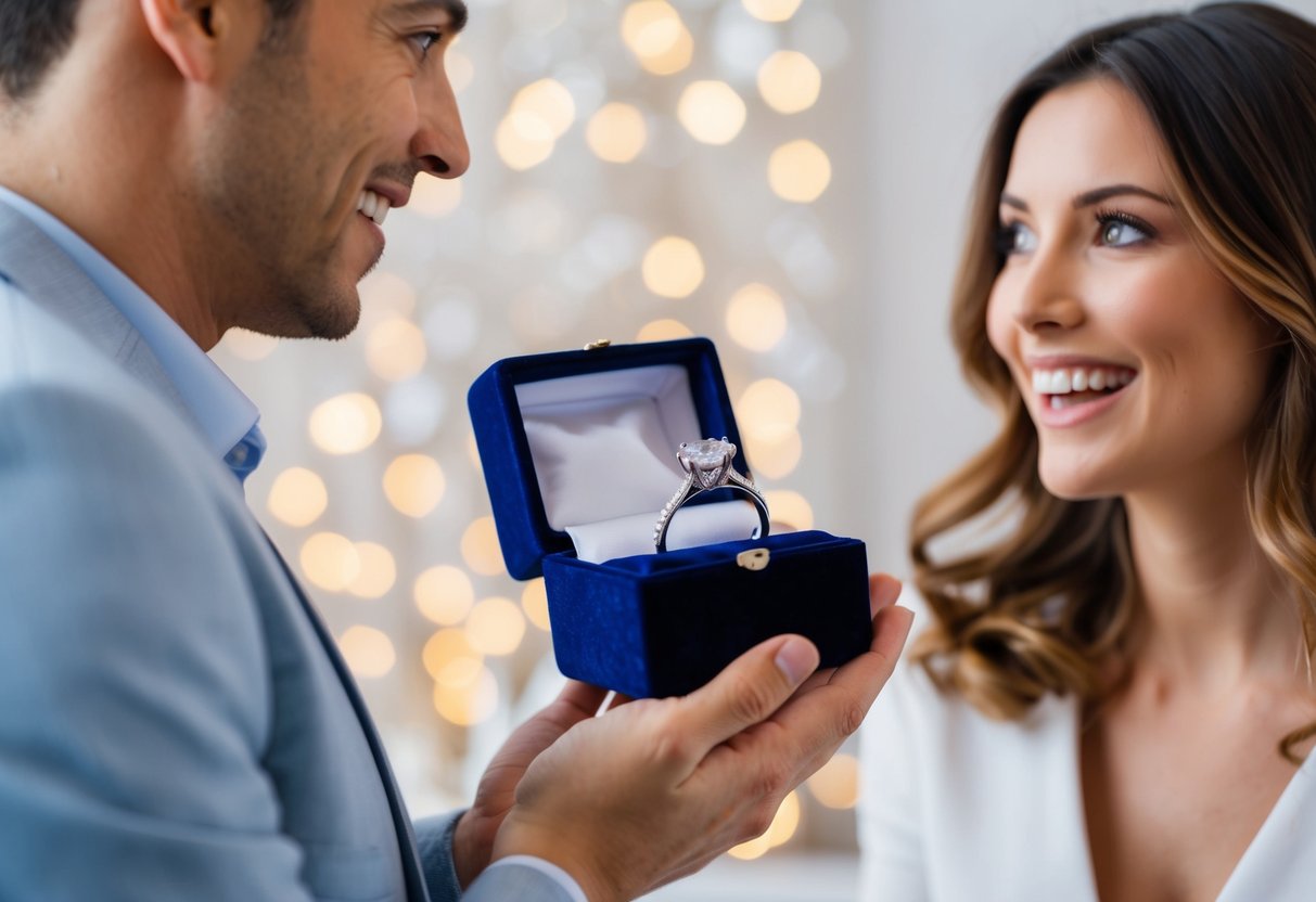 A man holding a small velvet box, opening it to reveal a sparkling diamond ring. A woman looks on in surprise and delight