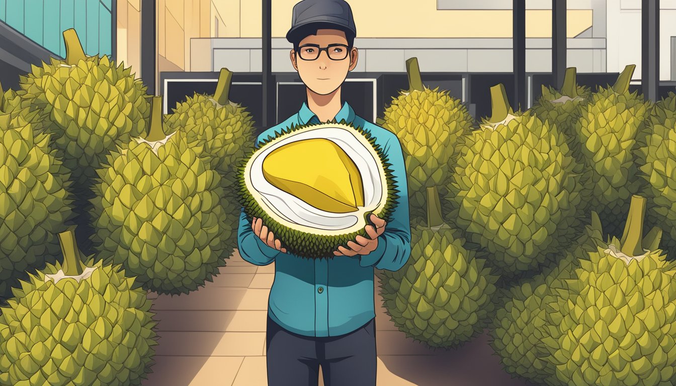 A person holding a durian fruit with a caution sign in the background