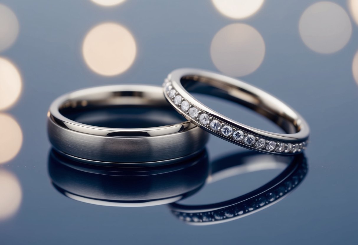 A close-up view of two wedding bands resting on a smooth, reflective surface, with one slightly overlapping the other