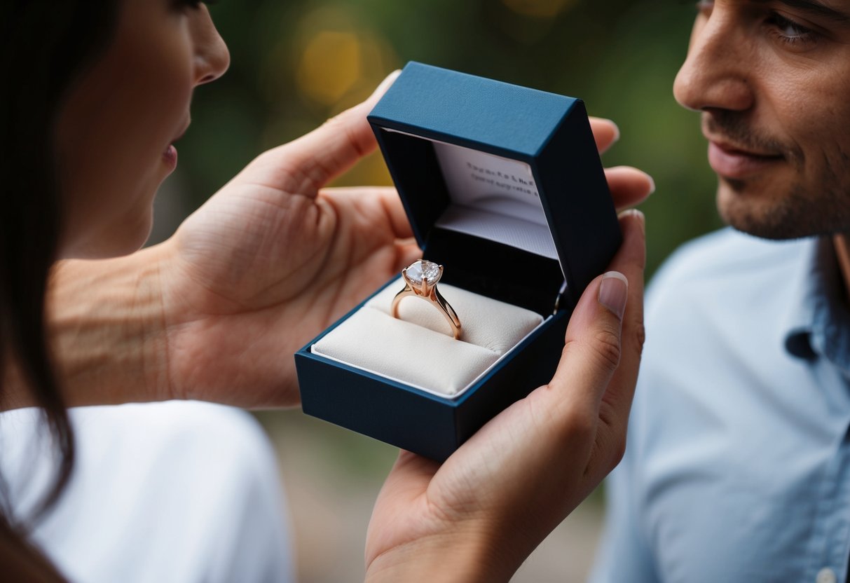 A hand holding a ring box open, with the ring displayed prominently inside, as the other person looks on in anticipation