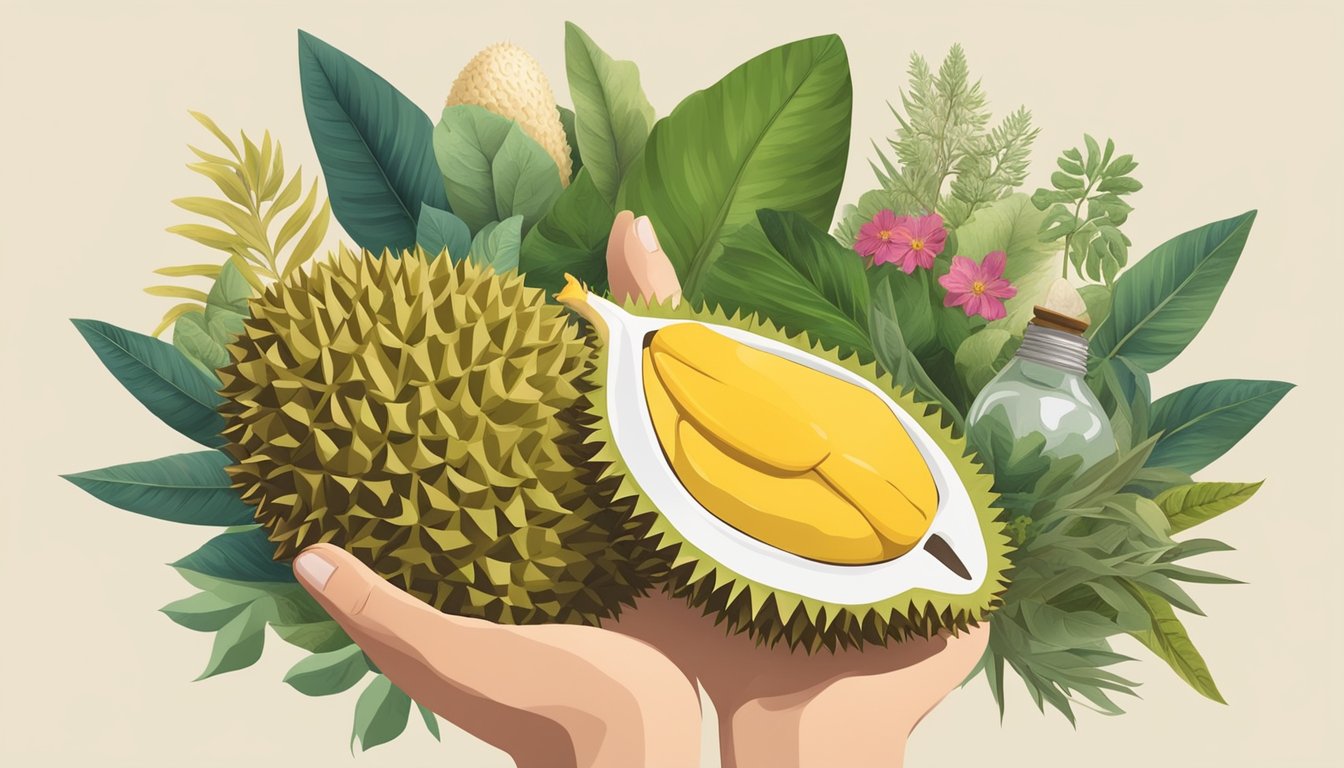 A person holding a durian fruit with a question mark above their head, surrounded by various medicinal herbs and traditional objects