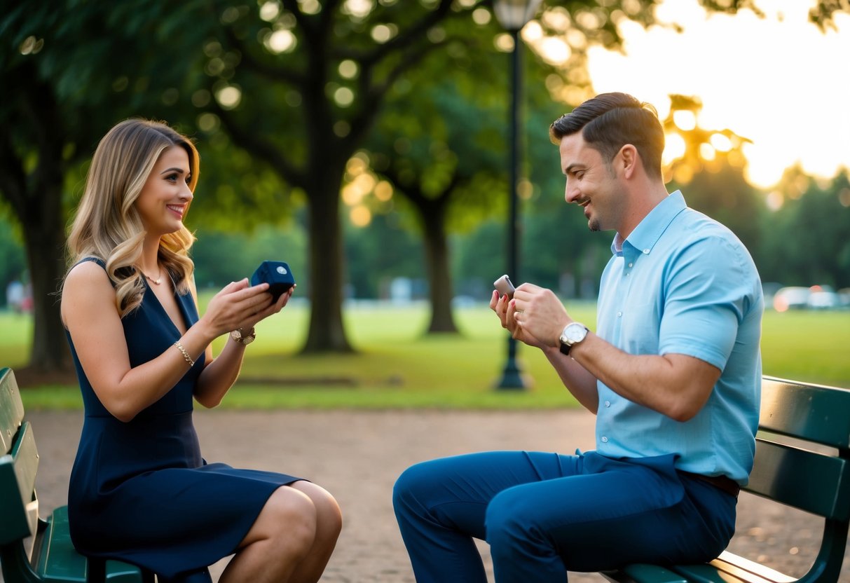 A woman sits on a park bench, holding a ring box. A man approaches, showing her the ring before proposing. They are surrounded by trees and a setting sun