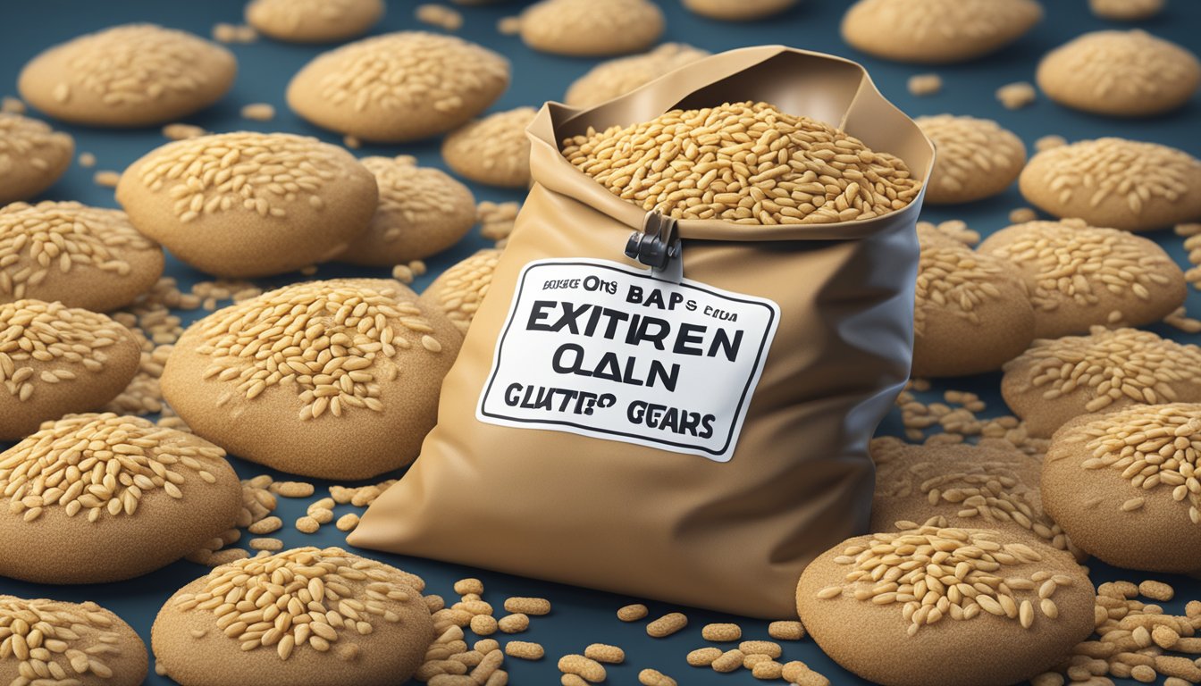 A bag of expired wheat gluten with a visible expiration date, surrounded by question marks and a caution sign